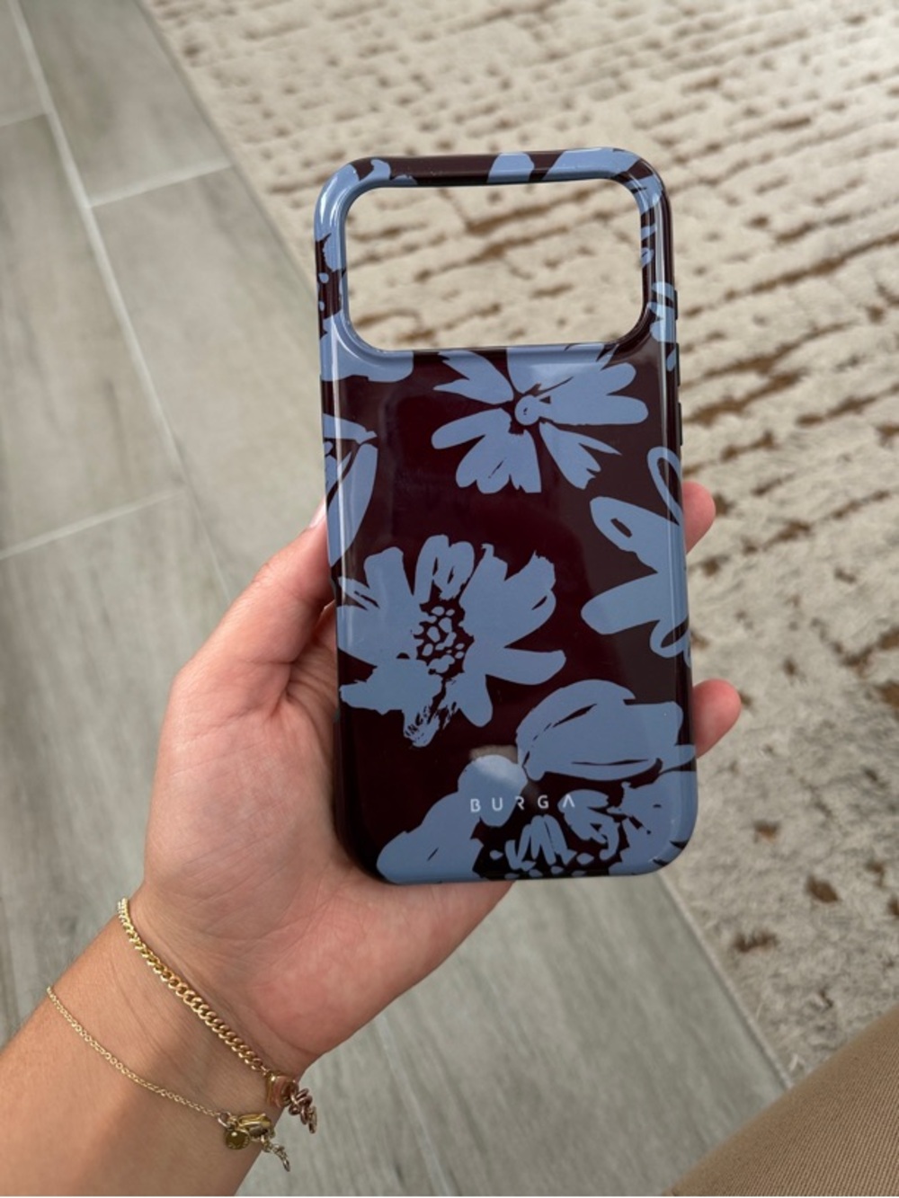 Burga Floral Phone Case in Light Blue on Deep Plum / Brown